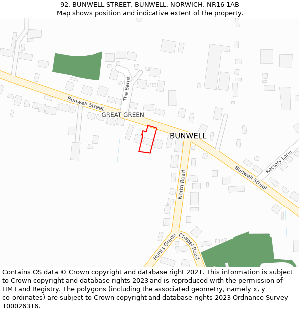 92, BUNWELL STREET, BUNWELL, NORWICH, NR16 1AB: Location map and indicative extent of plot