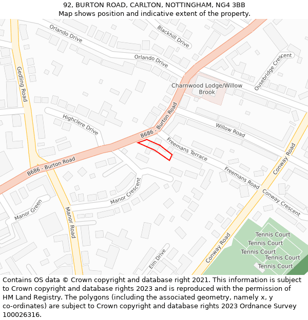 92, BURTON ROAD, CARLTON, NOTTINGHAM, NG4 3BB: Location map and indicative extent of plot