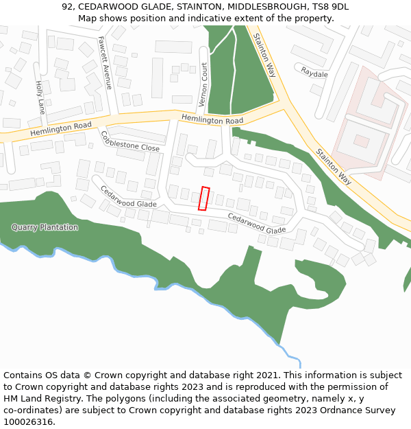 92, CEDARWOOD GLADE, STAINTON, MIDDLESBROUGH, TS8 9DL: Location map and indicative extent of plot