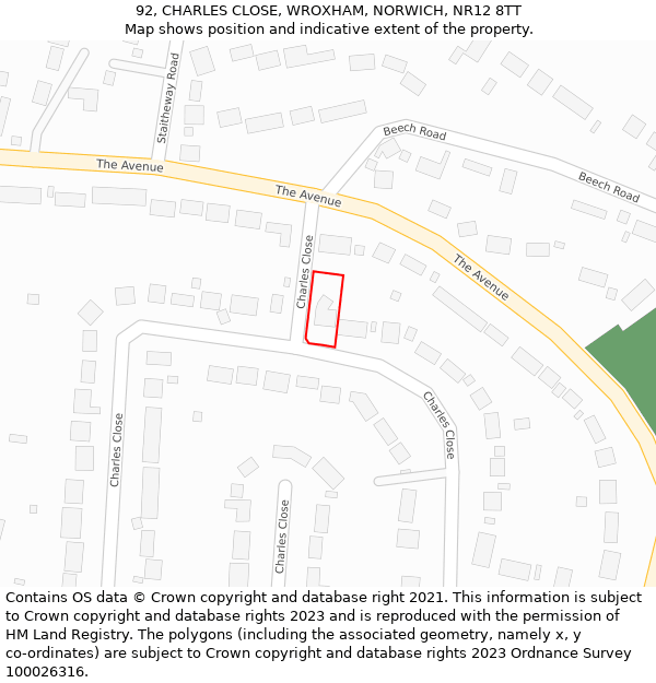 92, CHARLES CLOSE, WROXHAM, NORWICH, NR12 8TT: Location map and indicative extent of plot
