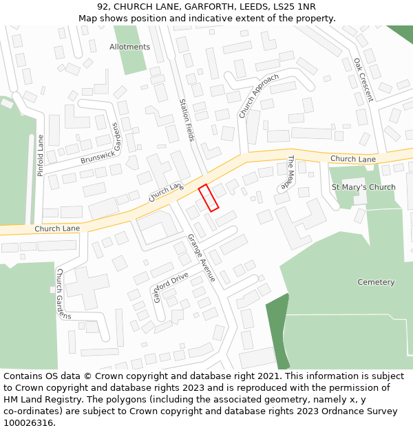 92, CHURCH LANE, GARFORTH, LEEDS, LS25 1NR: Location map and indicative extent of plot
