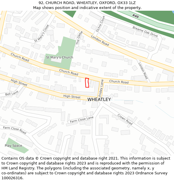 92, CHURCH ROAD, WHEATLEY, OXFORD, OX33 1LZ: Location map and indicative extent of plot