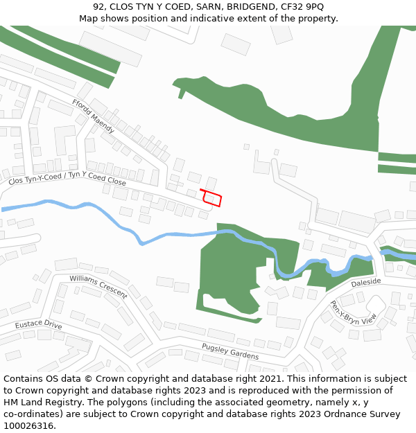 92, CLOS TYN Y COED, SARN, BRIDGEND, CF32 9PQ: Location map and indicative extent of plot