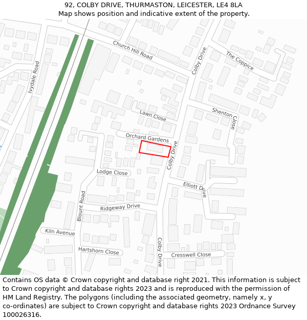 92, COLBY DRIVE, THURMASTON, LEICESTER, LE4 8LA: Location map and indicative extent of plot