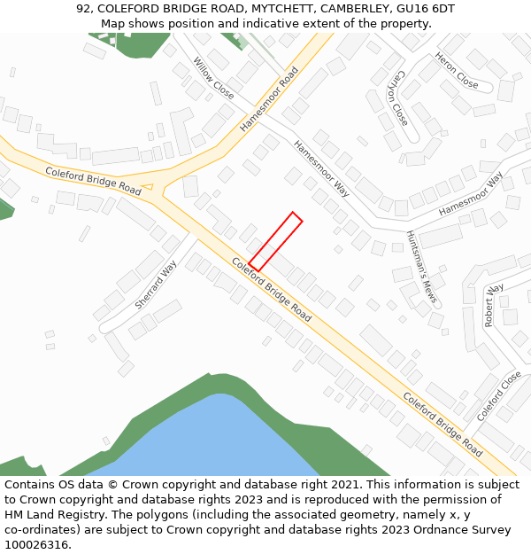 92, COLEFORD BRIDGE ROAD, MYTCHETT, CAMBERLEY, GU16 6DT: Location map and indicative extent of plot
