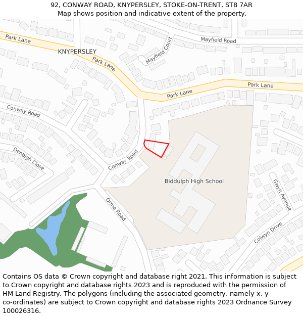 92, CONWAY ROAD, KNYPERSLEY, STOKE-ON-TRENT, ST8 7AR: Location map and indicative extent of plot