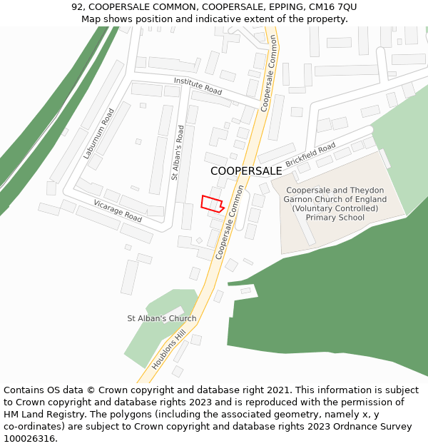 92, COOPERSALE COMMON, COOPERSALE, EPPING, CM16 7QU: Location map and indicative extent of plot