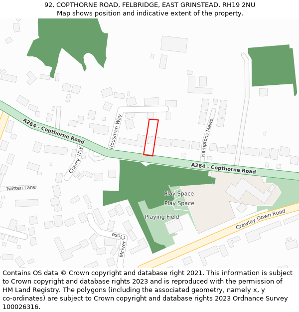 92, COPTHORNE ROAD, FELBRIDGE, EAST GRINSTEAD, RH19 2NU: Location map and indicative extent of plot