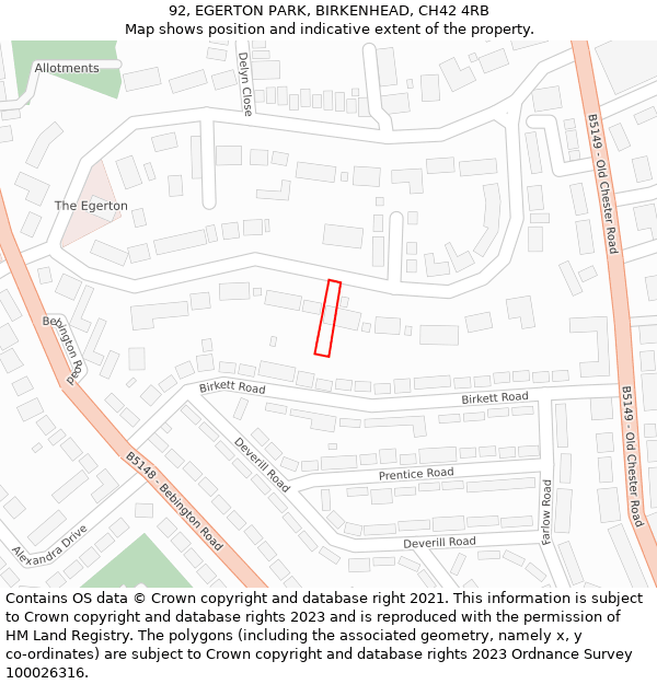 92, EGERTON PARK, BIRKENHEAD, CH42 4RB: Location map and indicative extent of plot