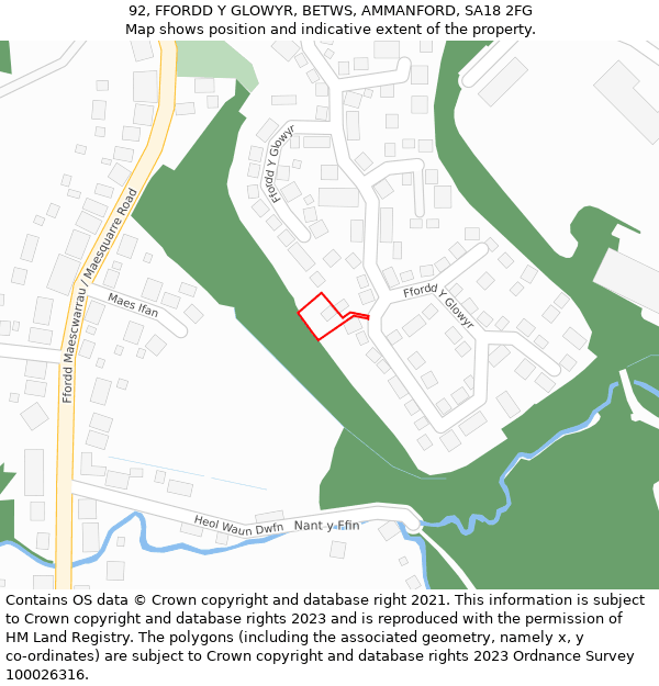 92, FFORDD Y GLOWYR, BETWS, AMMANFORD, SA18 2FG: Location map and indicative extent of plot