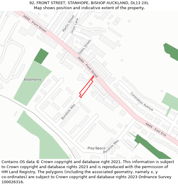 92, FRONT STREET, STANHOPE, BISHOP AUCKLAND, DL13 2XL: Location map and indicative extent of plot