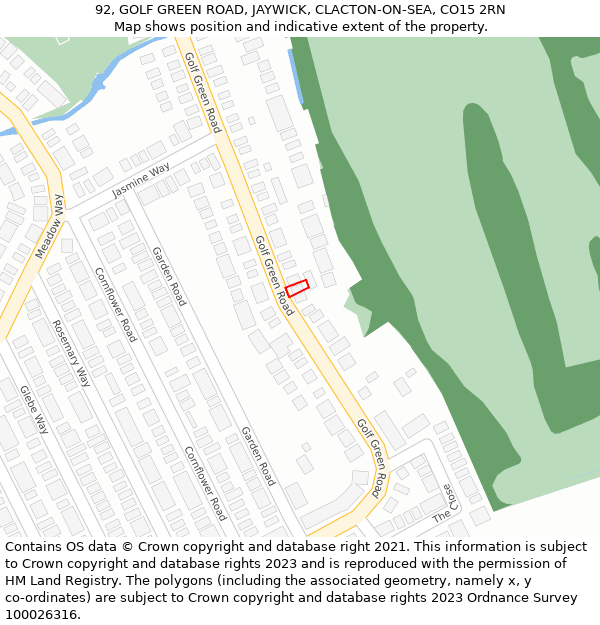 92, GOLF GREEN ROAD, JAYWICK, CLACTON-ON-SEA, CO15 2RN: Location map and indicative extent of plot