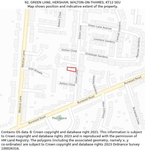 92, GREEN LANE, HERSHAM, WALTON-ON-THAMES, KT12 5EU: Location map and indicative extent of plot