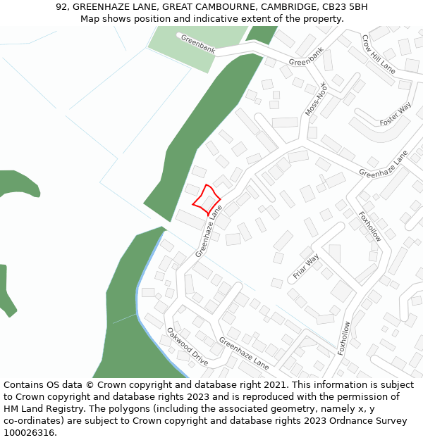 92, GREENHAZE LANE, GREAT CAMBOURNE, CAMBRIDGE, CB23 5BH: Location map and indicative extent of plot