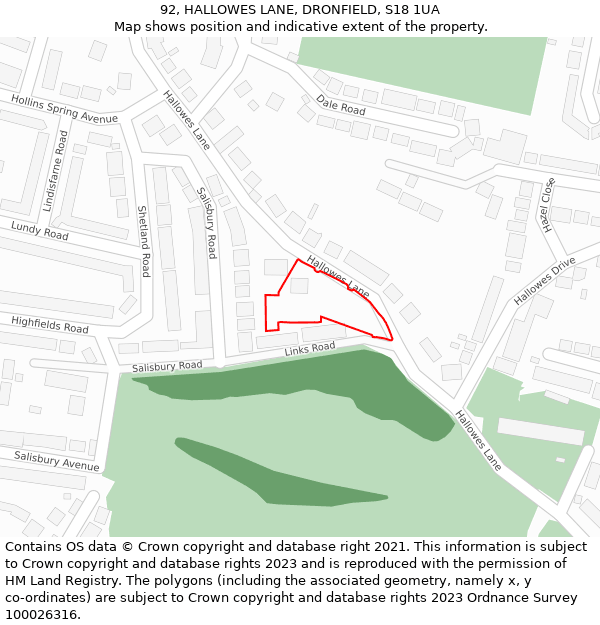 92, HALLOWES LANE, DRONFIELD, S18 1UA: Location map and indicative extent of plot