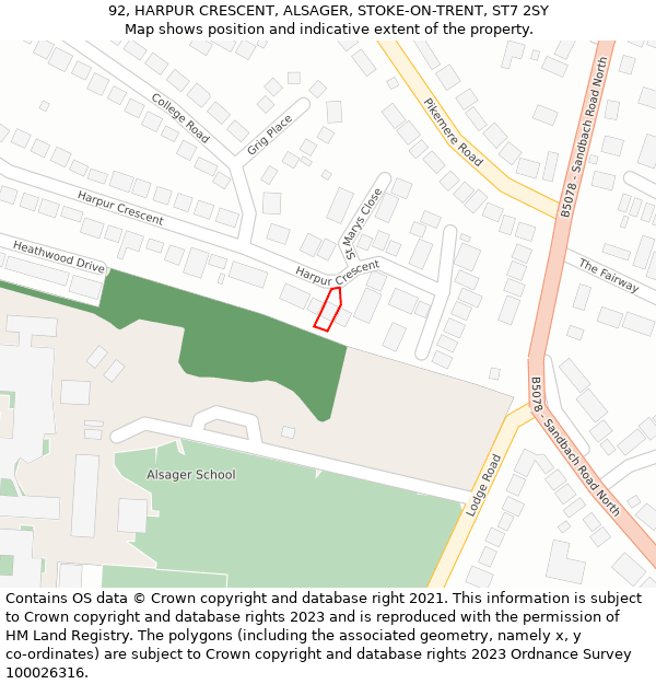 92, HARPUR CRESCENT, ALSAGER, STOKE-ON-TRENT, ST7 2SY: Location map and indicative extent of plot