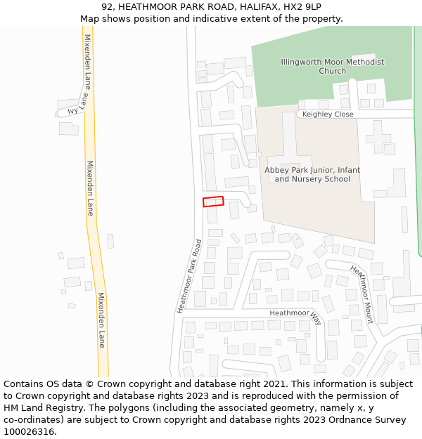 92, HEATHMOOR PARK ROAD, HALIFAX, HX2 9LP: Location map and indicative extent of plot