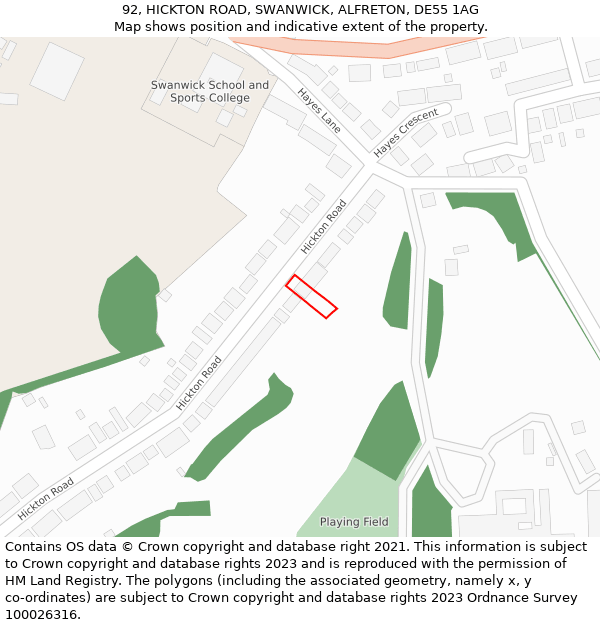 92, HICKTON ROAD, SWANWICK, ALFRETON, DE55 1AG: Location map and indicative extent of plot