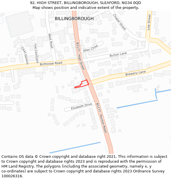 92, HIGH STREET, BILLINGBOROUGH, SLEAFORD, NG34 0QD: Location map and indicative extent of plot