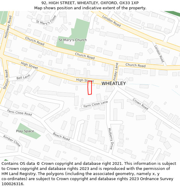 92, HIGH STREET, WHEATLEY, OXFORD, OX33 1XP: Location map and indicative extent of plot