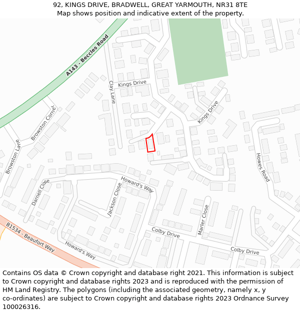 92, KINGS DRIVE, BRADWELL, GREAT YARMOUTH, NR31 8TE: Location map and indicative extent of plot