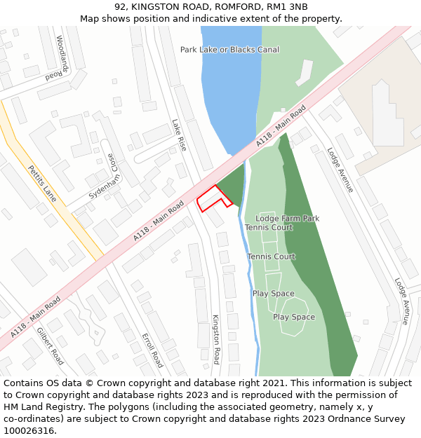 92, KINGSTON ROAD, ROMFORD, RM1 3NB: Location map and indicative extent of plot