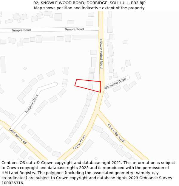 92, KNOWLE WOOD ROAD, DORRIDGE, SOLIHULL, B93 8JP: Location map and indicative extent of plot