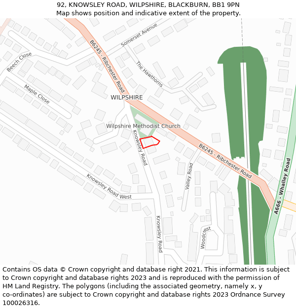 92, KNOWSLEY ROAD, WILPSHIRE, BLACKBURN, BB1 9PN: Location map and indicative extent of plot