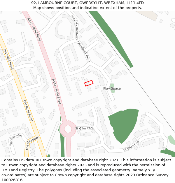 92, LAMBOURNE COURT, GWERSYLLT, WREXHAM, LL11 4FD: Location map and indicative extent of plot