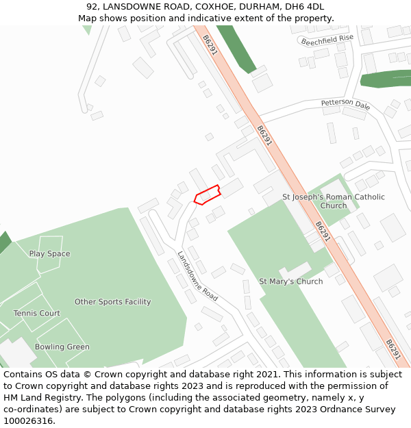 92, LANSDOWNE ROAD, COXHOE, DURHAM, DH6 4DL: Location map and indicative extent of plot