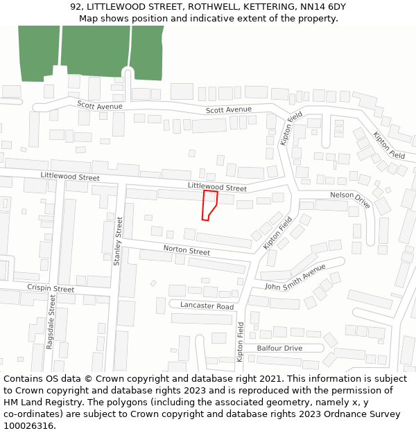 92, LITTLEWOOD STREET, ROTHWELL, KETTERING, NN14 6DY: Location map and indicative extent of plot