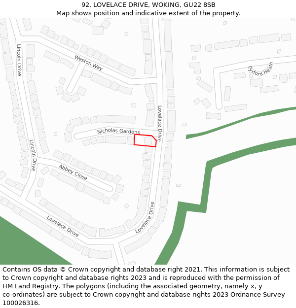 92, LOVELACE DRIVE, WOKING, GU22 8SB: Location map and indicative extent of plot