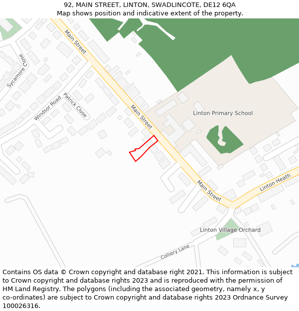 92, MAIN STREET, LINTON, SWADLINCOTE, DE12 6QA: Location map and indicative extent of plot