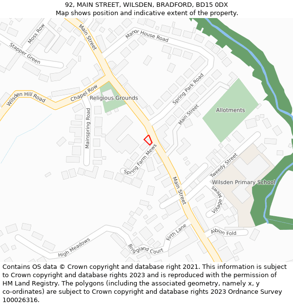 92, MAIN STREET, WILSDEN, BRADFORD, BD15 0DX: Location map and indicative extent of plot