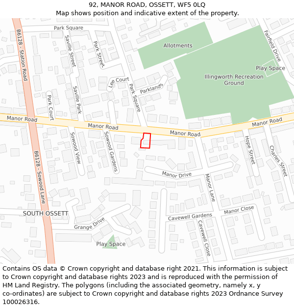 92, MANOR ROAD, OSSETT, WF5 0LQ: Location map and indicative extent of plot