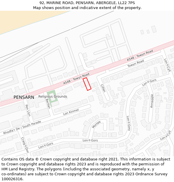 92, MARINE ROAD, PENSARN, ABERGELE, LL22 7PS: Location map and indicative extent of plot