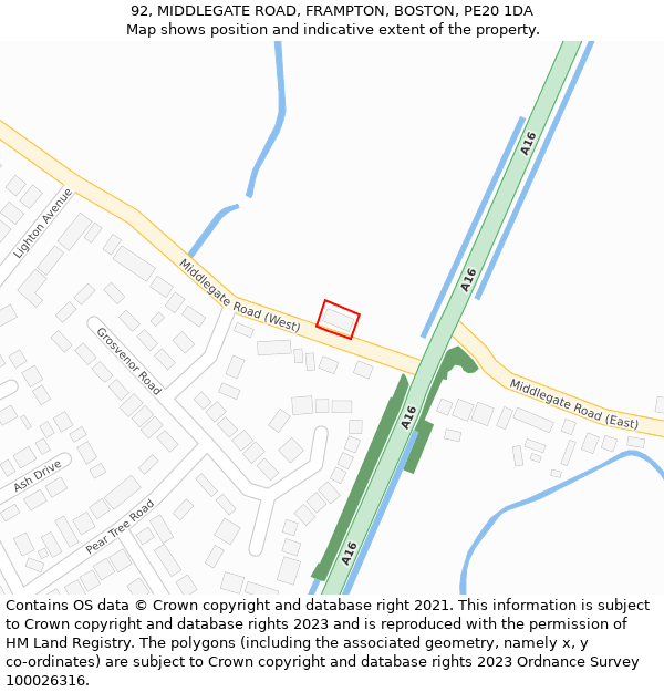 92, MIDDLEGATE ROAD, FRAMPTON, BOSTON, PE20 1DA: Location map and indicative extent of plot