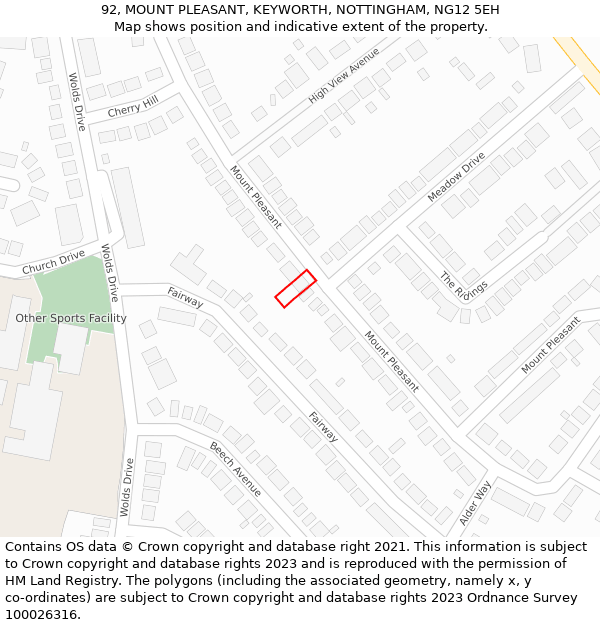 92, MOUNT PLEASANT, KEYWORTH, NOTTINGHAM, NG12 5EH: Location map and indicative extent of plot