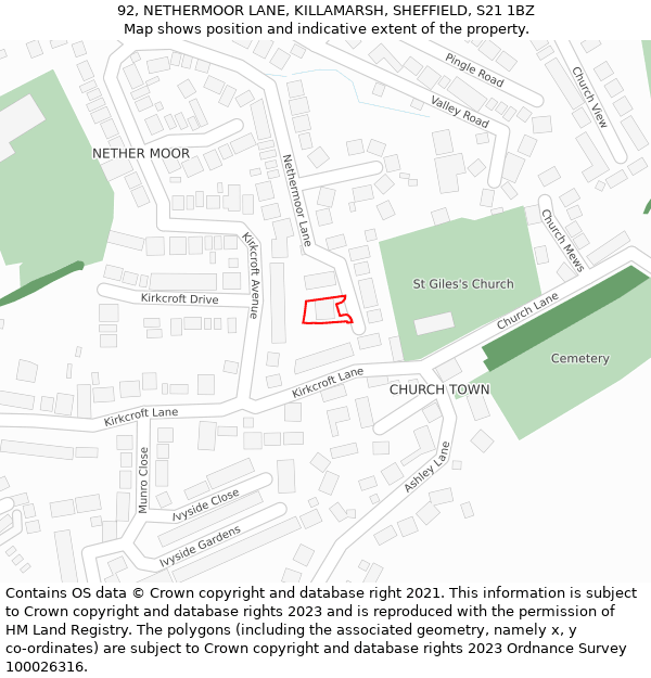 92, NETHERMOOR LANE, KILLAMARSH, SHEFFIELD, S21 1BZ: Location map and indicative extent of plot