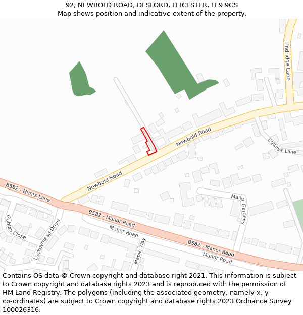 92, NEWBOLD ROAD, DESFORD, LEICESTER, LE9 9GS: Location map and indicative extent of plot