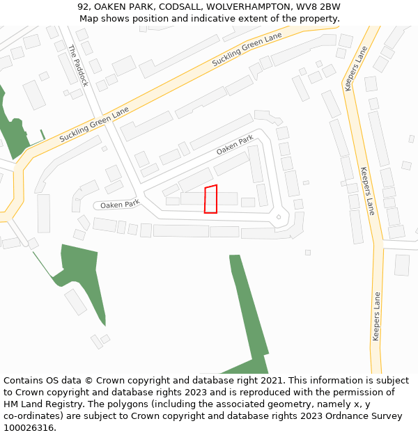 92, OAKEN PARK, CODSALL, WOLVERHAMPTON, WV8 2BW: Location map and indicative extent of plot