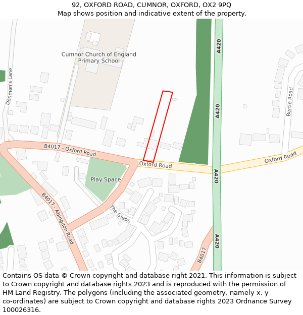 92, OXFORD ROAD, CUMNOR, OXFORD, OX2 9PQ: Location map and indicative extent of plot