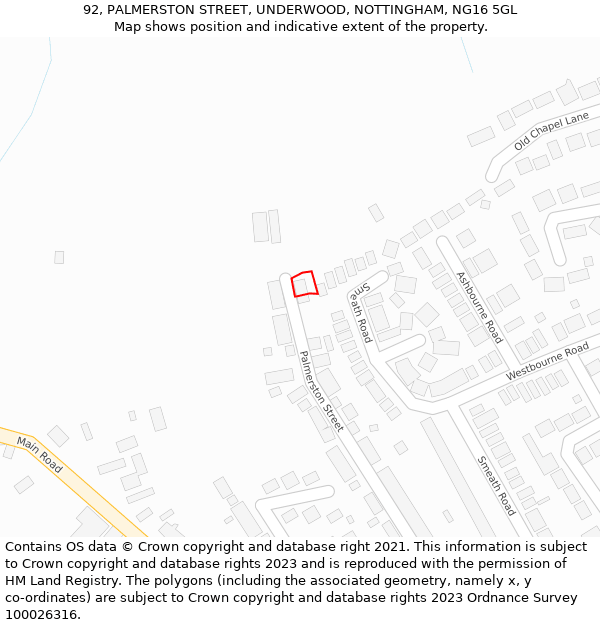 92, PALMERSTON STREET, UNDERWOOD, NOTTINGHAM, NG16 5GL: Location map and indicative extent of plot