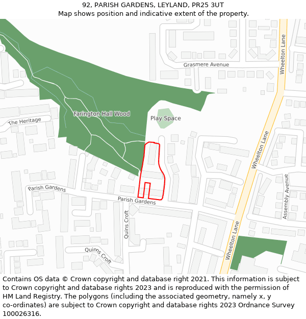 92, PARISH GARDENS, LEYLAND, PR25 3UT: Location map and indicative extent of plot