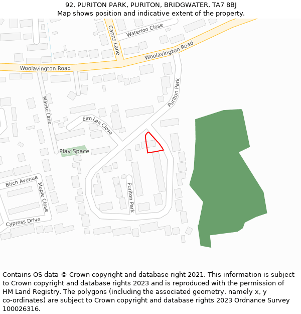 92, PURITON PARK, PURITON, BRIDGWATER, TA7 8BJ: Location map and indicative extent of plot