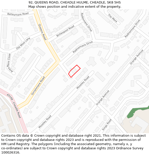 92, QUEENS ROAD, CHEADLE HULME, CHEADLE, SK8 5HS: Location map and indicative extent of plot