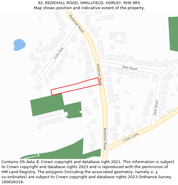 92, REDEHALL ROAD, SMALLFIELD, HORLEY, RH6 9RS: Location map and indicative extent of plot
