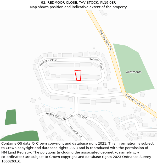 92, REDMOOR CLOSE, TAVISTOCK, PL19 0ER: Location map and indicative extent of plot