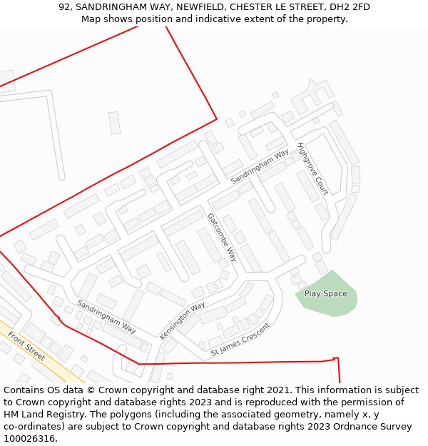 92, SANDRINGHAM WAY, NEWFIELD, CHESTER LE STREET, DH2 2FD: Location map and indicative extent of plot