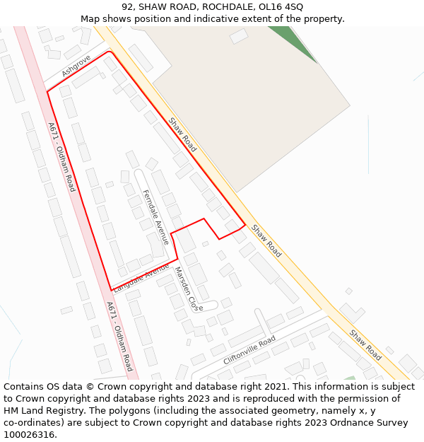 92, SHAW ROAD, ROCHDALE, OL16 4SQ: Location map and indicative extent of plot